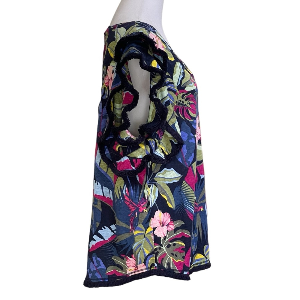 Chico's Tropical Floral Navy Pink Green V-Neck Ruffle Sleeve Blouse - Picture 8 of 15